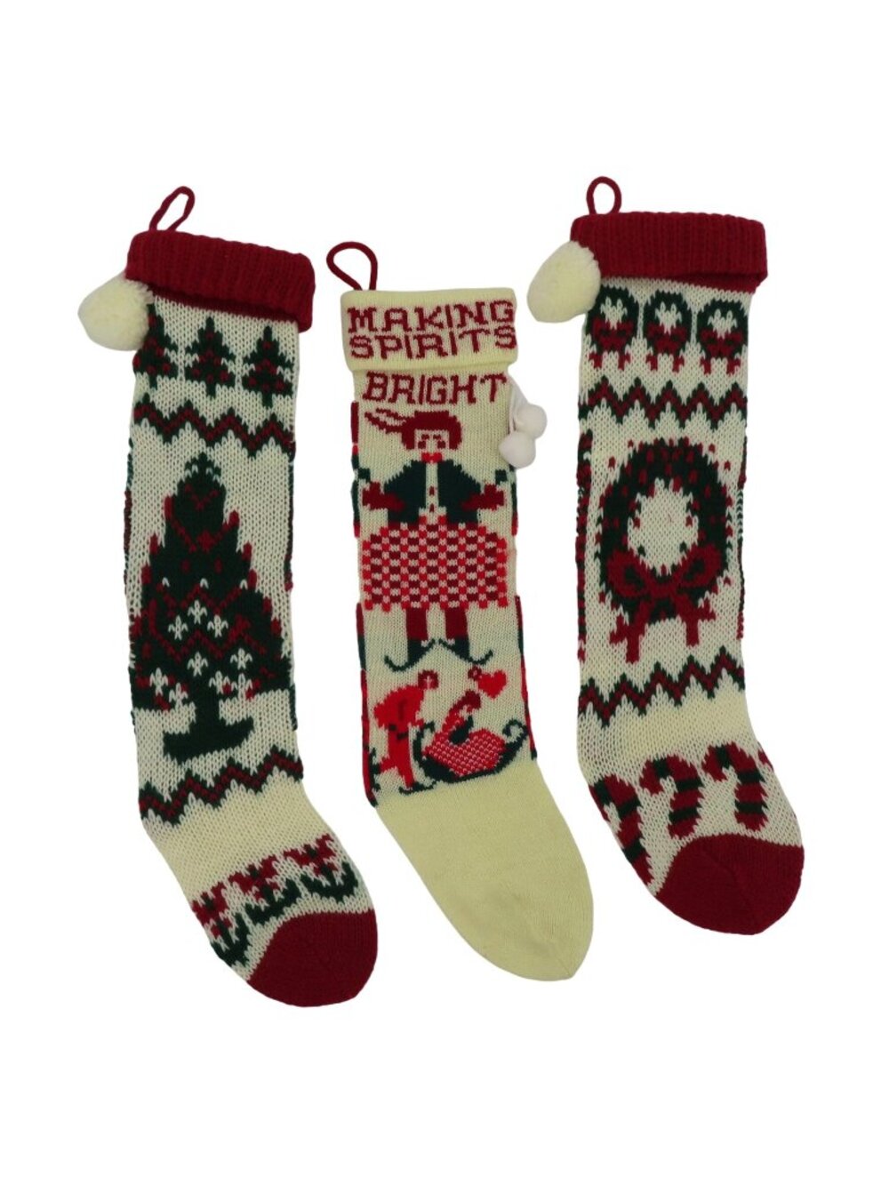 Handmade Set of 3 Knit Christmas Stockings Tree Wreath Angel Candy Cane Holiday